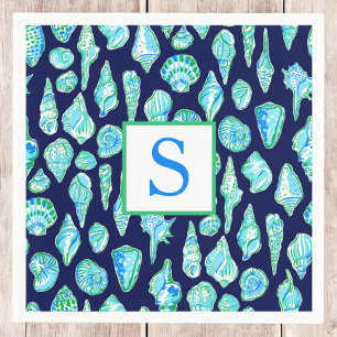 Preppy Sea Shells on Navy Background Monogram Napkins