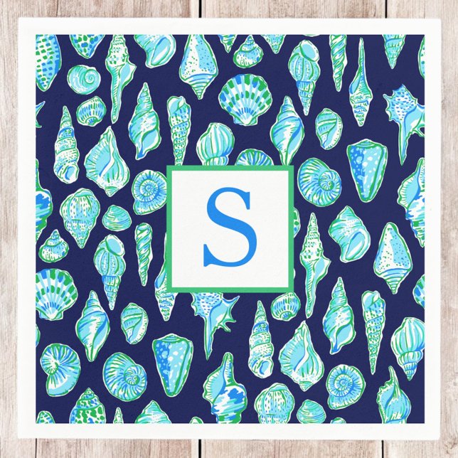 Preppy Sea Shells on Navy Background Monogram Napkins (Creator Uploaded)