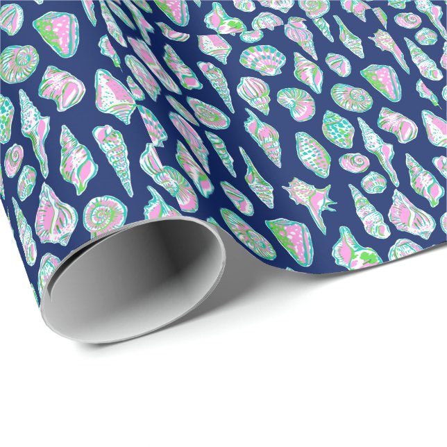 Preppy Sea Shells on Navy Blue Background Seaside Wrapping Paper (Roll Corner)