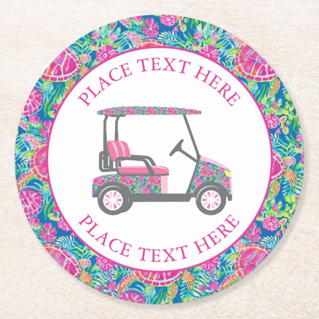 Preppy Sea Turtles Golf Cart Round Paper Coaster (Front)