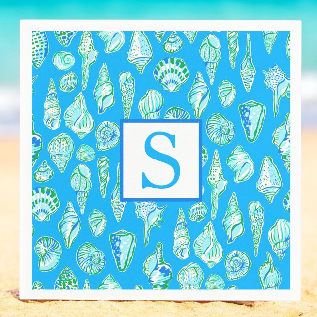Preppy Seashell Monogram / Blue Coastal Beach  Napkins (Creator Uploaded)