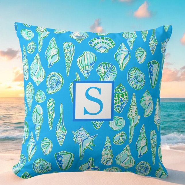 Preppy Seashell Monogram / Coastal Beach House Throw Pillow (Creator Uploaded)