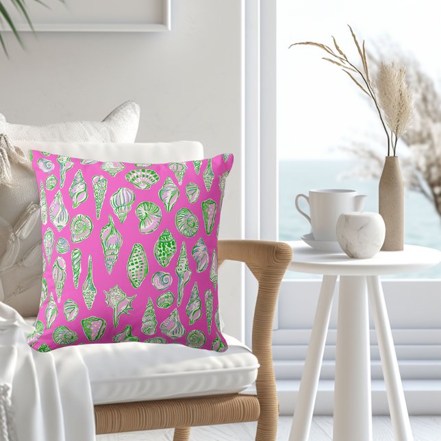 Preppy Seashell / Pink Green Coastal Beach House Throw Pillow (Creator Uploaded)