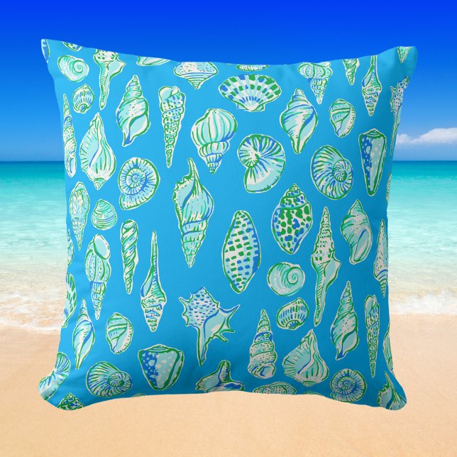 Preppy Seashells / Blue Green Coastal Beach House Throw Pillow (Creator Uploaded)
