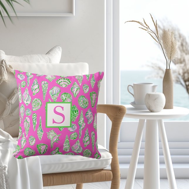Preppy Seashells / Monogram Pink Coastal Beach Throw Pillow (Creator Uploaded)