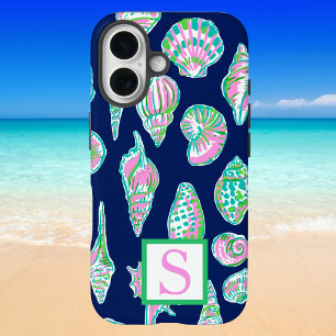 Preppy Seashells Navy Monogram iPhone 16 Case