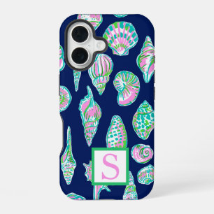 Preppy Seashells Navy Monogram  iPhone 16 Case