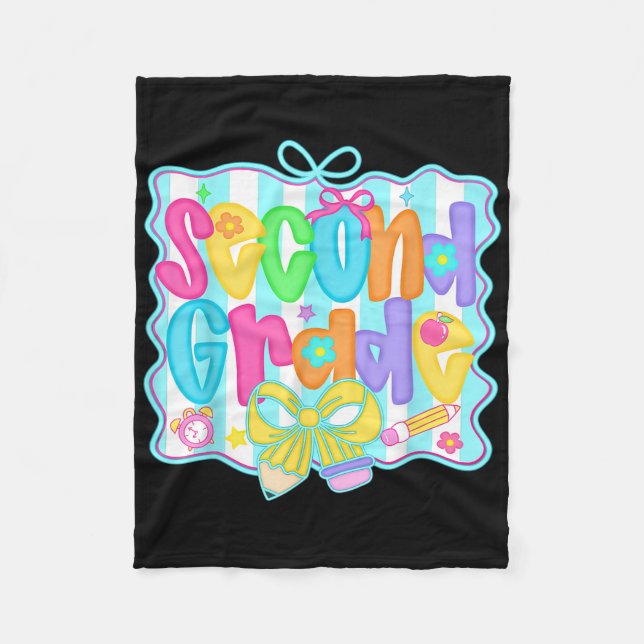 Preppy Second 2nd Grade Teacher Team Bow Back To S Fleece Blanket (Front)