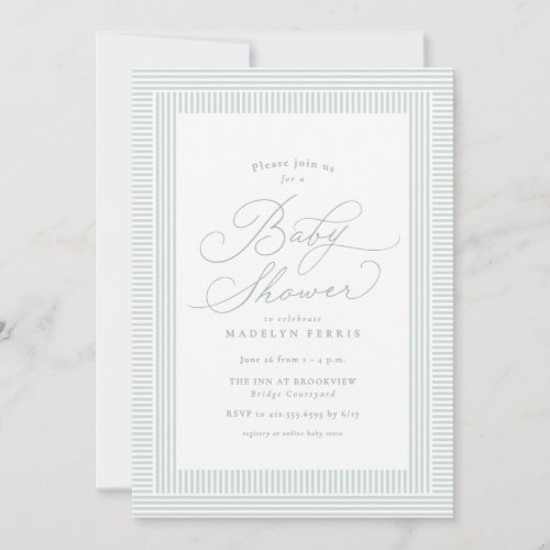 Preppy seersucker stripe neutral green baby shower invitation