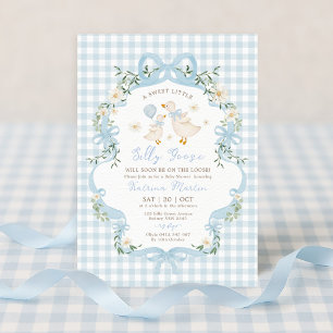 Preppy Silly Goose Blue Bow Boy Baby Shower Invitation