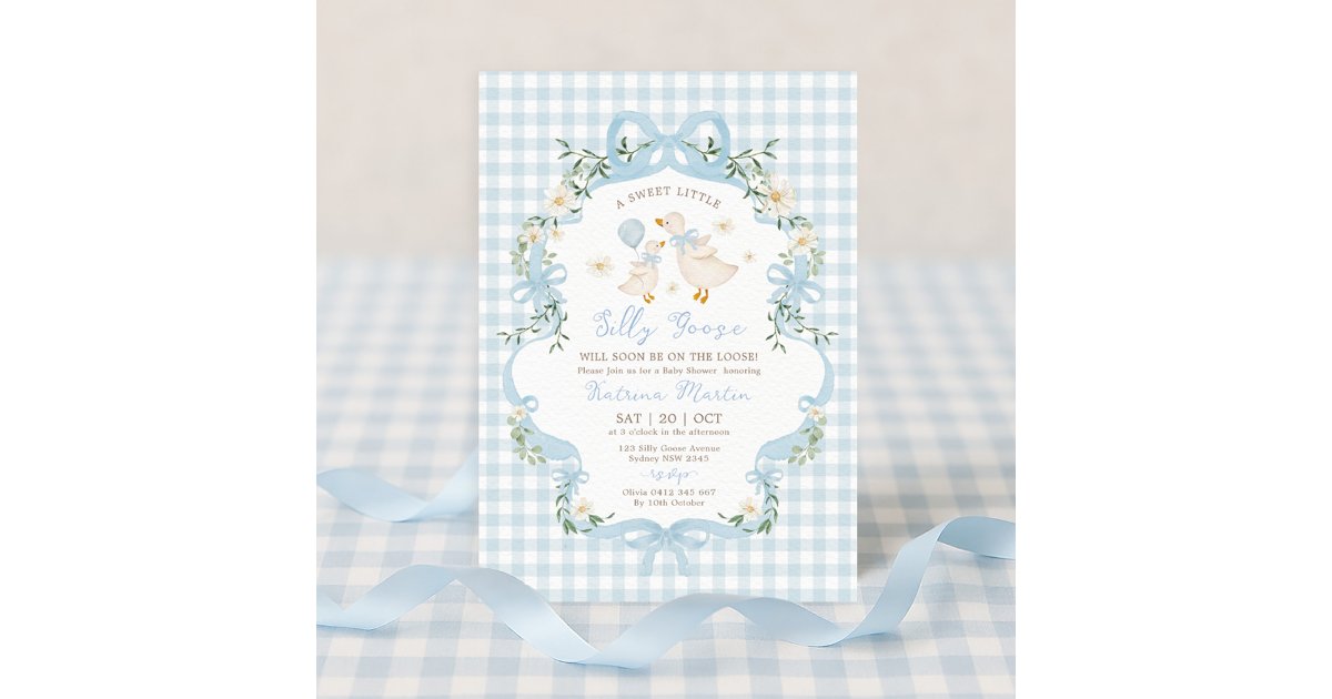 Preppy Silly Goose Blue Bow Boy Baby Shower Invitation | Zazzle