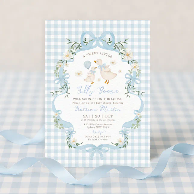 Preppy Silly Goose Blue Bow Boy Baby Shower Invitation | Zazzle