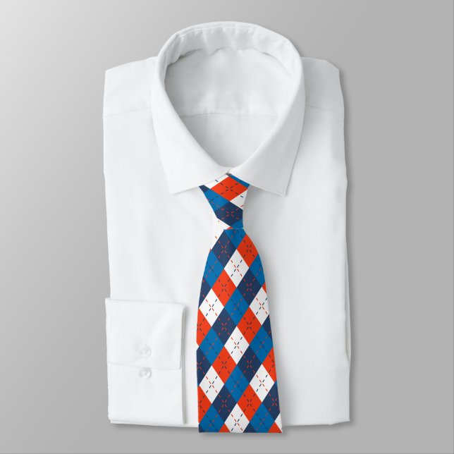 Preppy Sky Blue Navy Blue Orange White Argyle  Neck Tie (Tied)