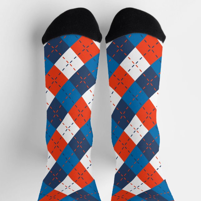 Preppy Sky Blue Navy Blue Orange White Argyle  Socks (Top)
