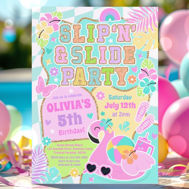 Preppy Slip N Slide Party Cute Girly Pool Birthday Invitation (Creator Uploaded)