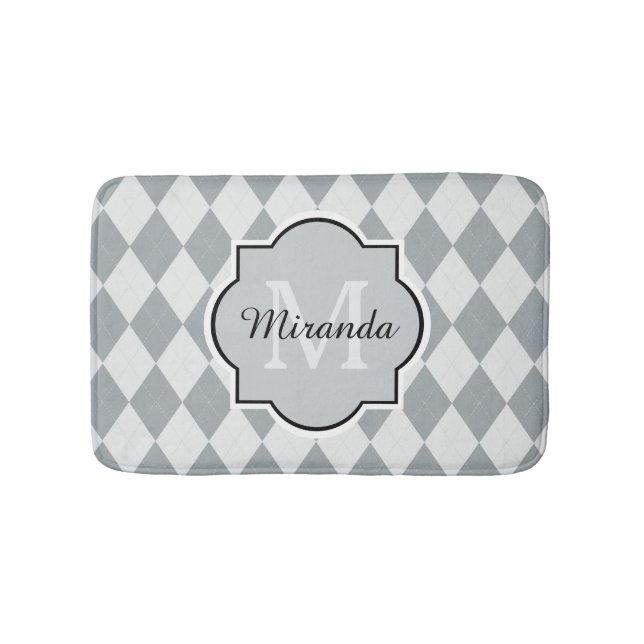 Preppy Soft Gray Argyle Girly Monogram and Name Bath Mat (Front)