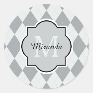 Preppy Soft Gray Argyle Girly Monogram and Name Classic Round Sticker