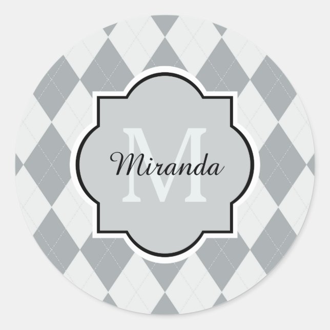 Preppy Soft Gray Argyle Girly Monogram and Name Classic Round Sticker (Front)