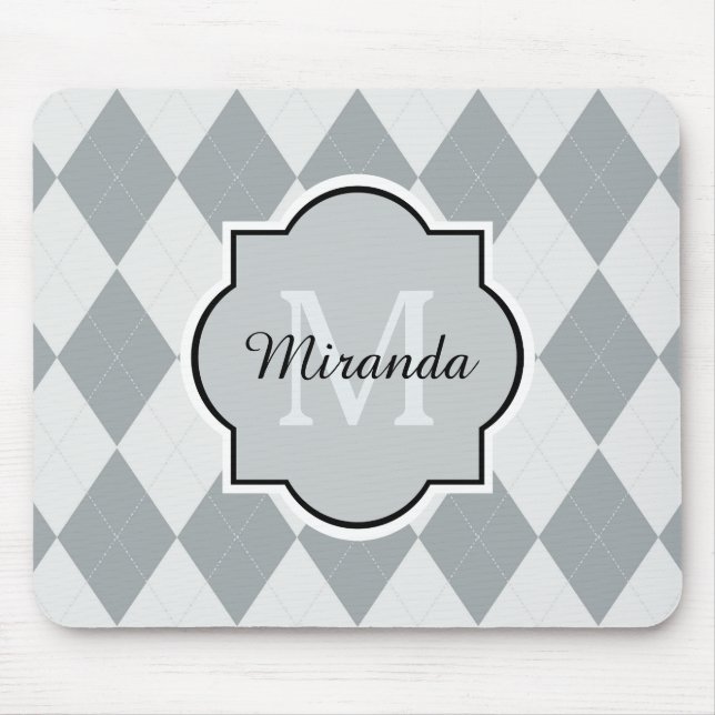 Preppy Soft Gray Argyle Girly Monogram and Name Mouse Pad (Front)