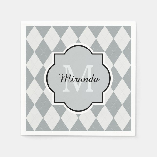Preppy Soft Gray Argyle Girly Monogram and Name Paper Napkins (Front)