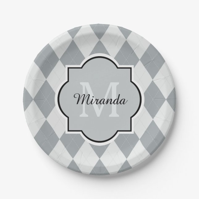 Preppy Soft Gray Argyle Girly Monogram and Name Paper Plates (Front)