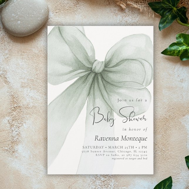 Preppy Soft Green Bow Coquette Clean Baby Shower Invitation (Creator Uploaded)