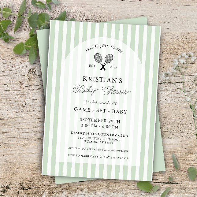 Preppy Soft Green Tennis Country Club Baby Shower Invitation (Mint green tennis theme game set match baby shower invitation for preppy country club stripes event)