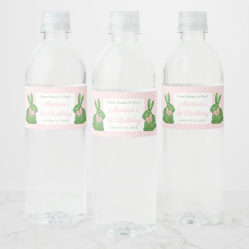 Preppy Some Bunny Pink  Green 1st Birthday Party Water Bottle Label