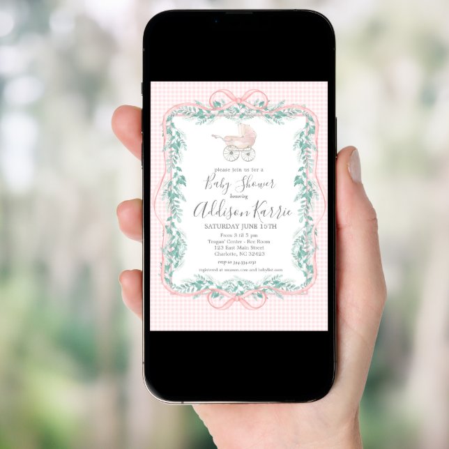 Preppy Southern baby carriage baby shower invite (Front Digital)