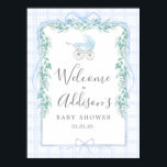 Preppy Southern baby carriage Welcome poster<br><div class="desc">Blue Gingham Baby Shower Invitation, Boy Baby Shower, Preppy Southern baby shower, Sprinkle Baby Shower, Blue Bow Ribbon Themed Invitation</div>