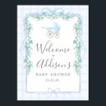 Preppy Southern baby carriage Welcome poster<br><div class="desc">Blue Gingham Baby Shower Invitation, Boy Baby Shower, Preppy Southern baby shower, Sprinkle Baby Shower, Blue Bow Ribbon Themed Invitation</div>