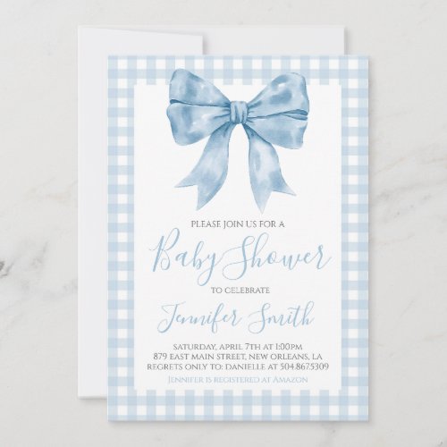 Preppy Southern Blue Bow Boy Baby Shower Invitation