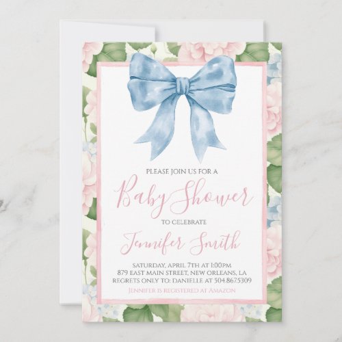 Preppy Southern Blue Bow Girl Baby Shower Invitation