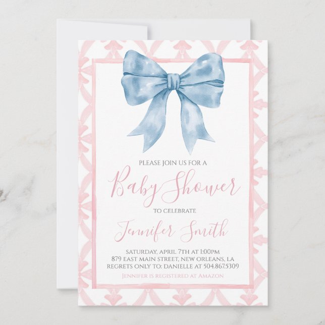 Preppy Southern Blue Bow Girl Baby Shower Invitation (Front)