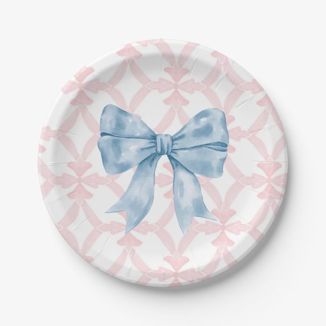 Preppy Southern Blue Bow Girl Baby Shower Paper Plates (Front)