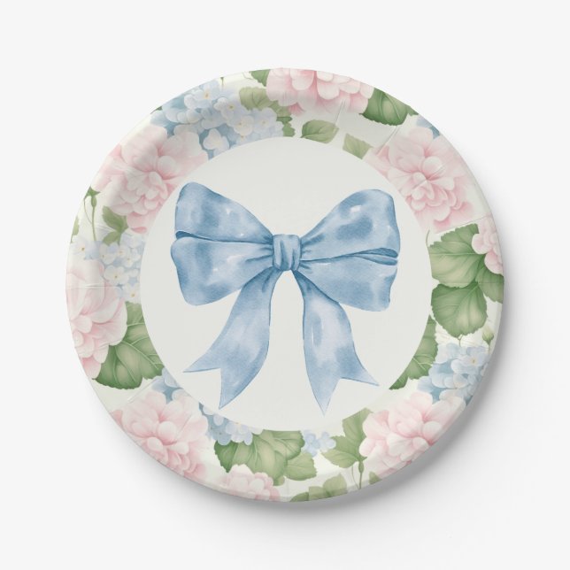 Preppy Southern Blue Bow Girl Baby Shower Paper Plates (Front)