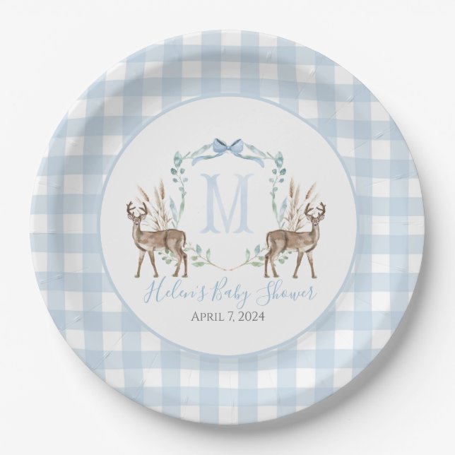 Preppy Southern Blue Boy Deer Baby Shower Paper Plates (Front)