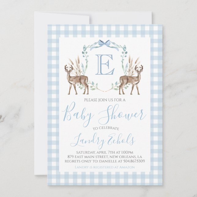 Preppy Southern Blue Boy Deer Hunter Baby Shower Invitation (Front)