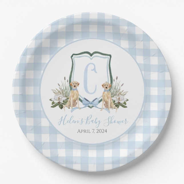 Preppy Southern Blue Boy Dog Baby Shower Paper Plates (Front)