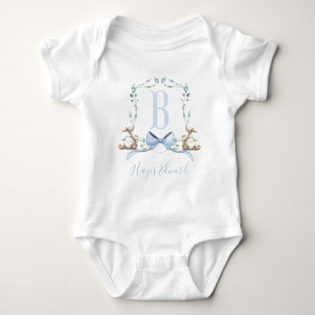 Preppy Southern Blue Boy Duck Baby Shower Bodysuit (Front)