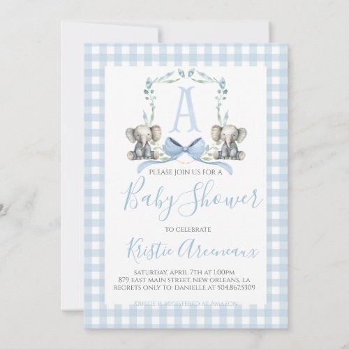 Preppy Southern Blue Boy Elephant Baby Shower Invitation