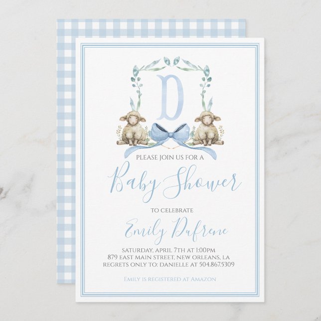 Preppy Southern Blue Boy Lamb Baby Shower Invitation (Creator Uploaded)
