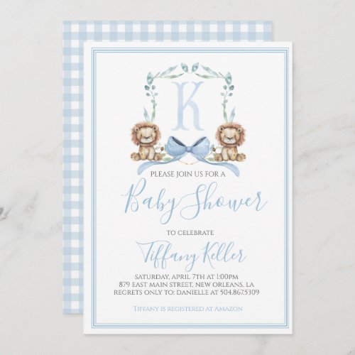 Preppy Southern Blue Boy Lion Baby Shower Invitation