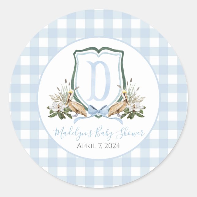 Preppy Southern Blue Boy Pelican Baby Shower Classic Round Sticker (Front)