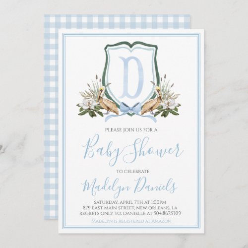 Preppy Southern Blue Boy Pelican Baby Shower Invitation