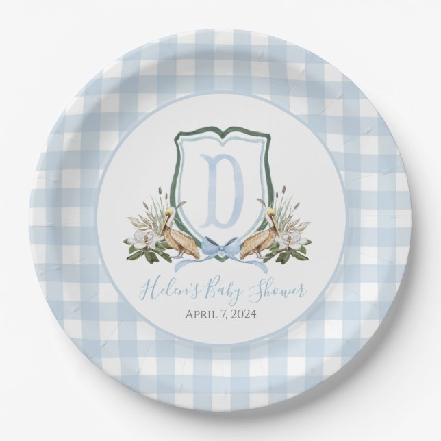 Preppy Southern Blue Boy Pelican Baby Shower Paper Plates (Front)