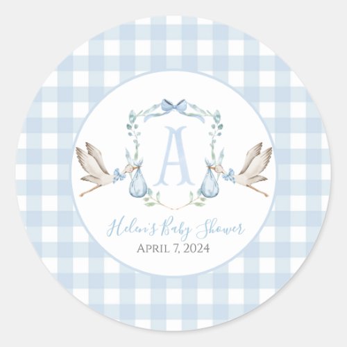 Preppy Southern Blue Boy Stork Baby Shower Classic Round Sticker