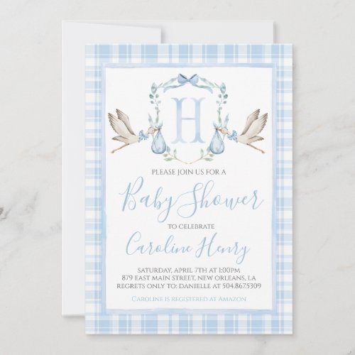 Preppy Southern Blue Boy Stork Baby Shower Invitation