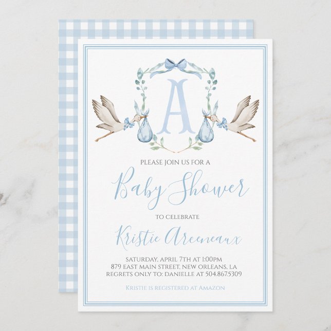 Preppy Southern Blue Boy Stork Baby Shower Invitation (Creator Uploaded)