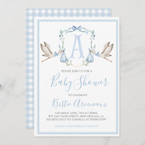 Preppy Southern Blue Boy Stork Baby Shower Invitation